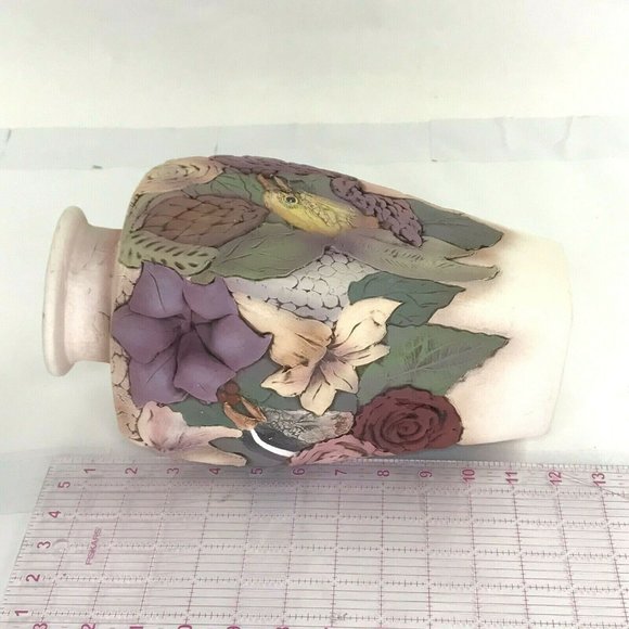 John Davis Pottery Ceramic Vase 12" Sculpted Inlaid Floral Bouquet With Birds - Picture 4 of 10